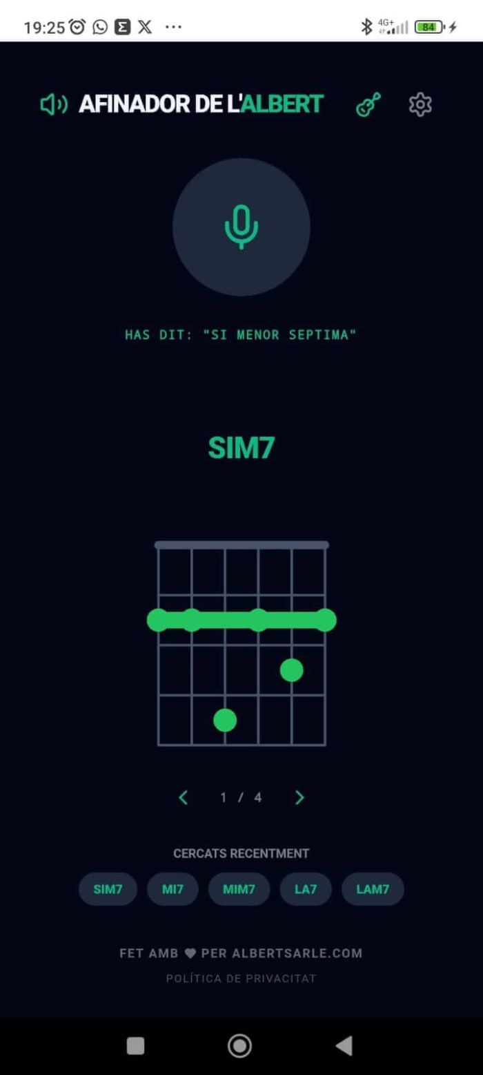 Diagrama de l'acord Si menor sèptima, mode fosc